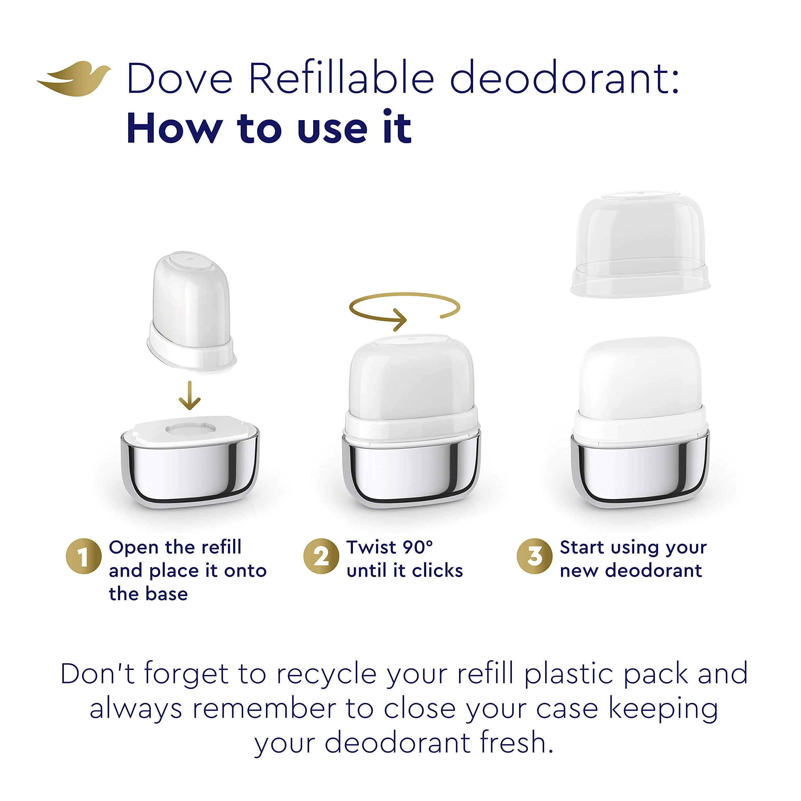 Dove refillable deodorant 0% aluminum label emphasizing aluminum-free formula.