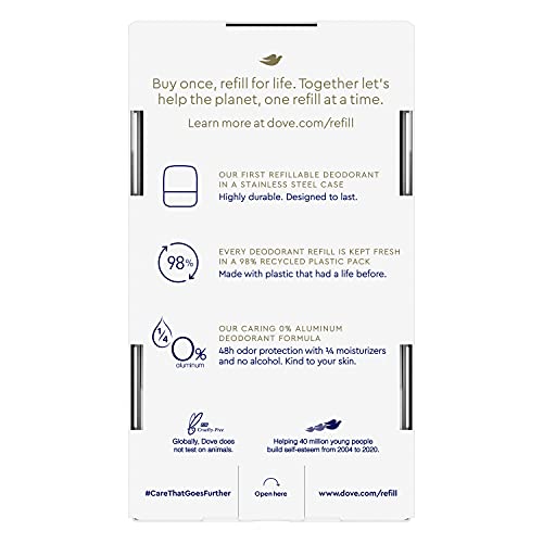 Dove refillable deodorant stainless steel case with lid open, reusable design.