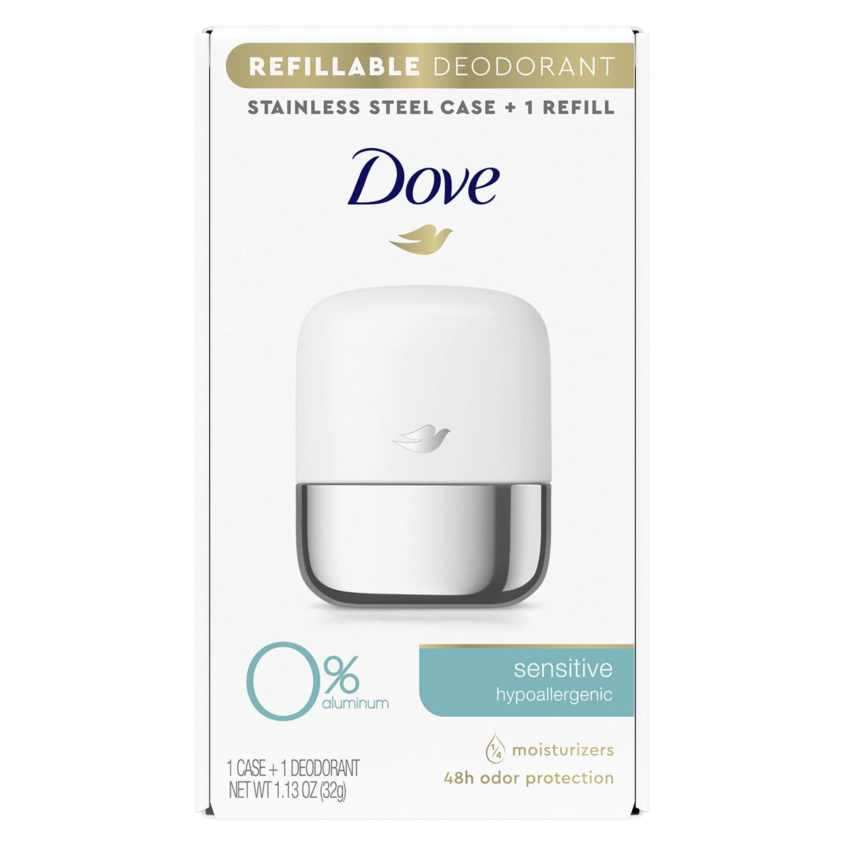 Dove refillable deodorant starter kit case—durable eco-friendly packaging.
