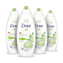 Dove Refreshing Body Wash bottle shows cucumber and green tea for a refreshing cleanse