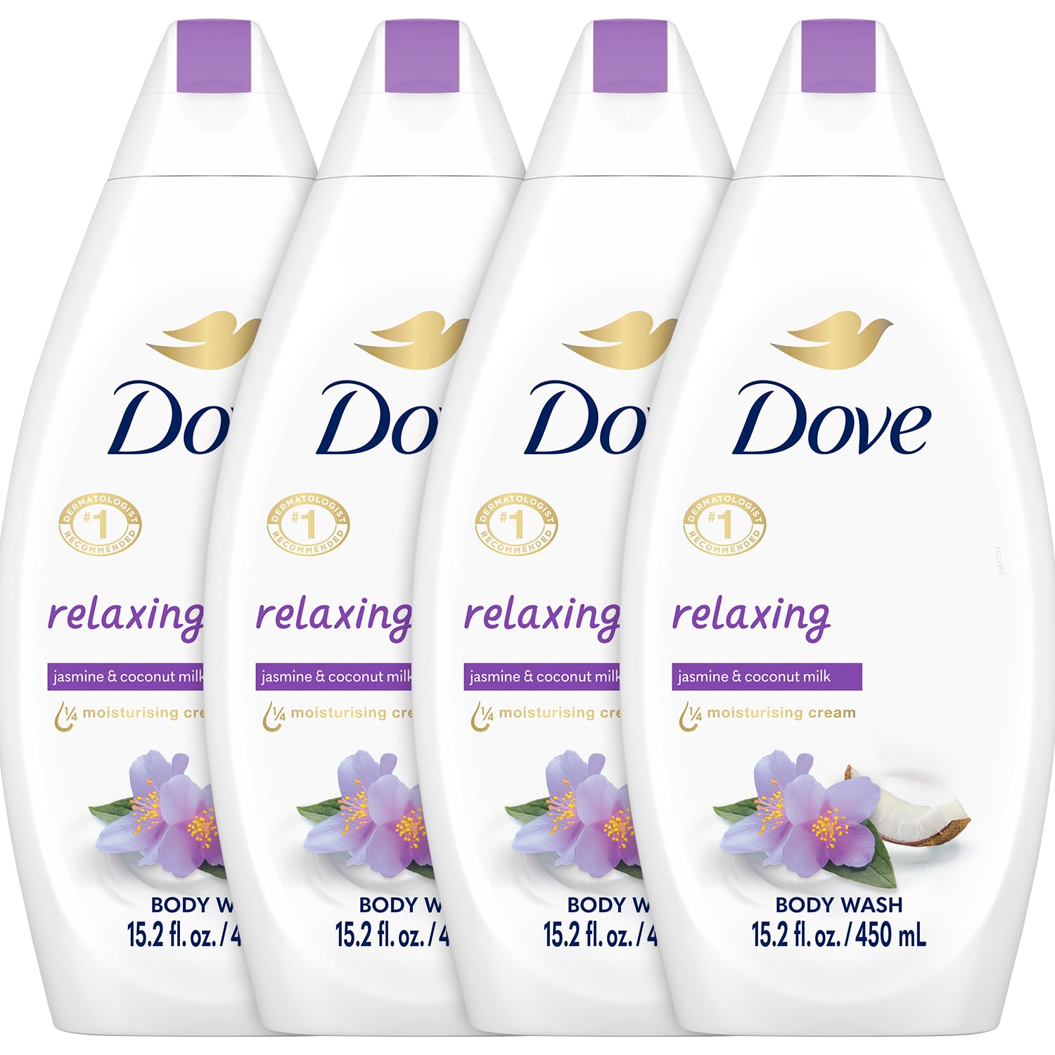 Dove Relaxing Body Wash 4-pack front view for daily pampering and refreshed skin