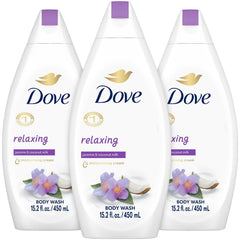 Dove Relaxing Body Wash Jasmine & Coconut Milk bottle pour highlighting hydrating cleanse