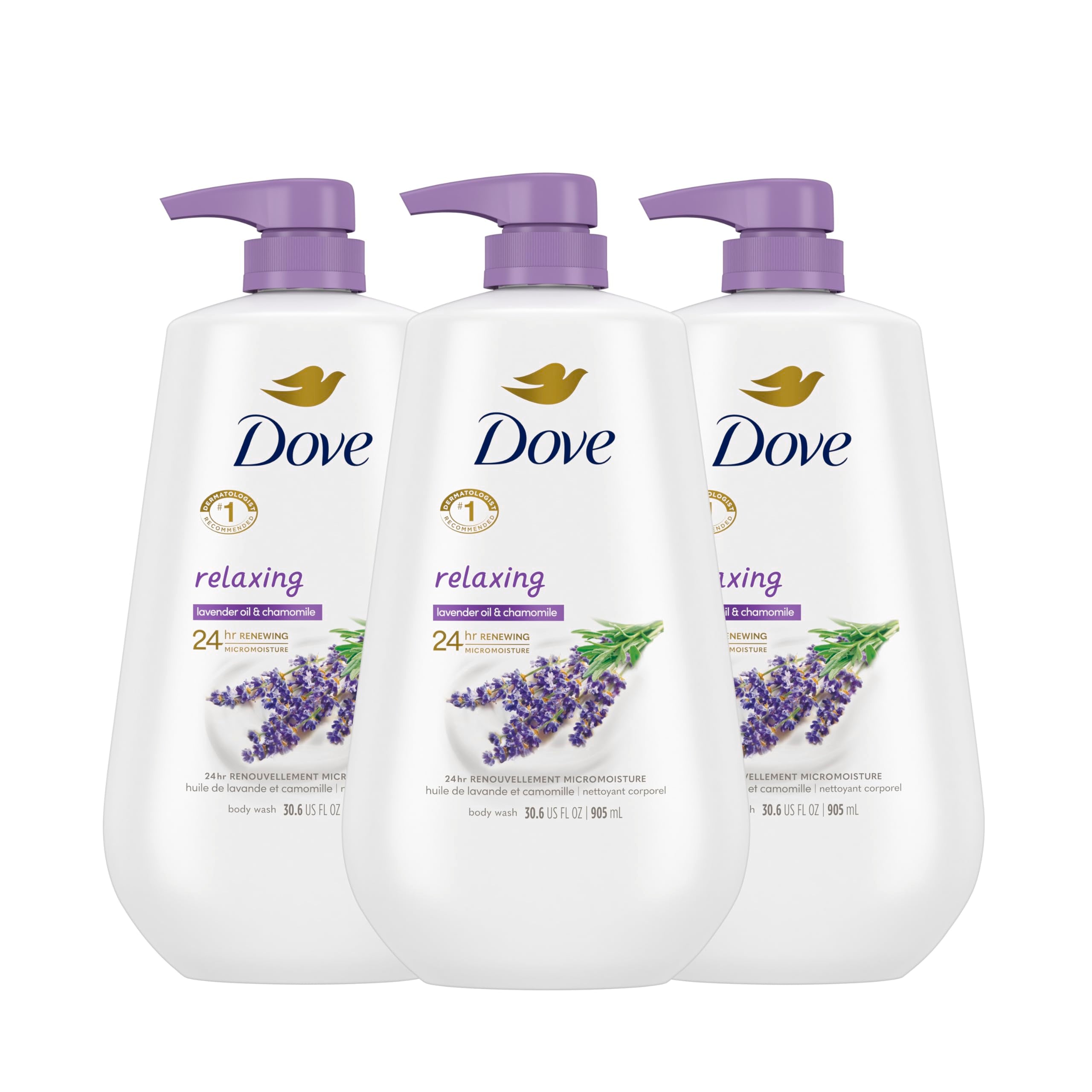 Dove Relaxing Body Wash pump bottle with calming lavender and chamomile cleanse.