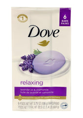 Dove Relaxing Lavender Beauty Bar packaging highlights moisturizing formula for daily cleansing.