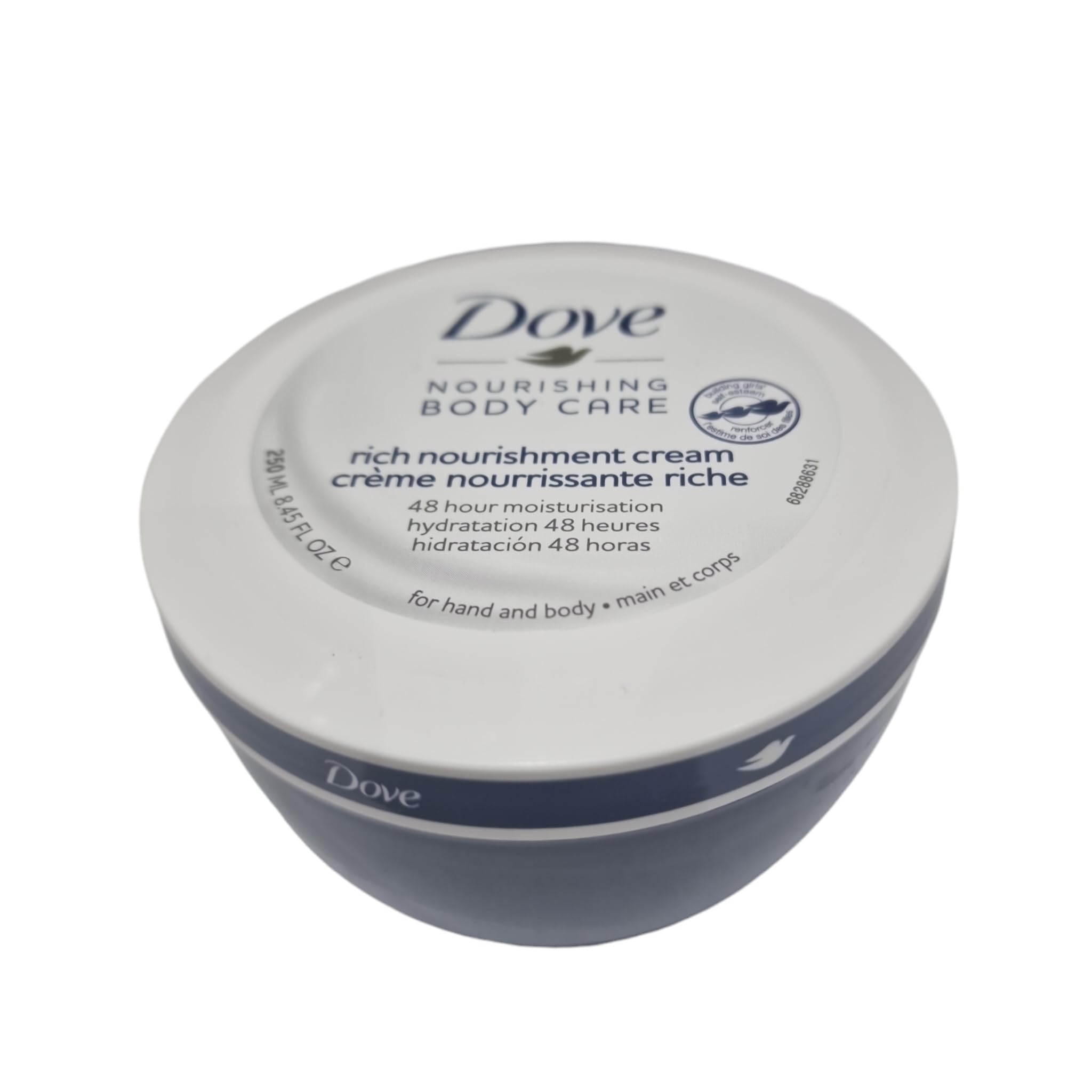 Dove Rich Nourishment Cream texture closeup highlights rich, non-greasy skin feel.