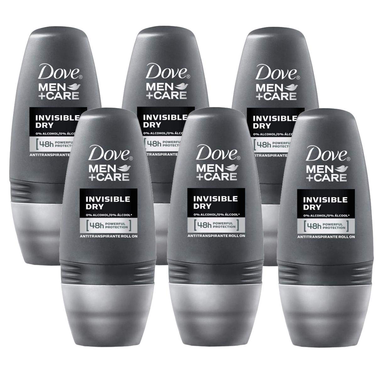 Dove roll-on invisible-dry bottle 6-pack shows invisible finish and all-day freshness.