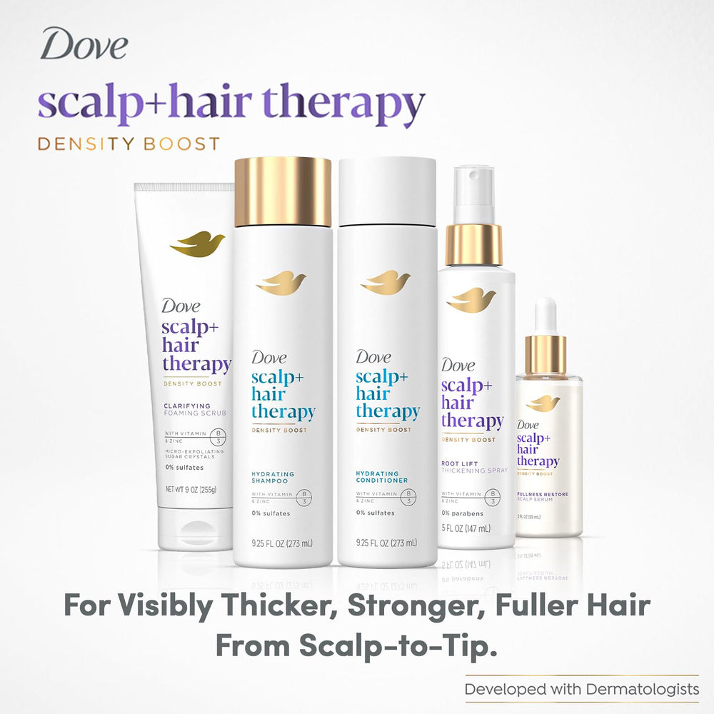 Dove Scalp + Hair Therapy root lift thickening spray being dispensed for added root volume.