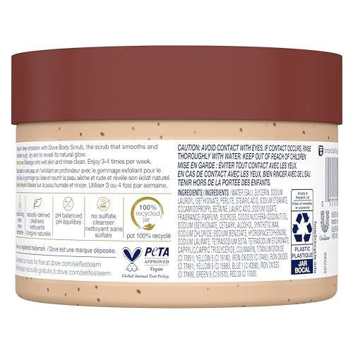 Dove Scrub Brown Sugar & Coconut Butter texture close-up shows tiny exfoliating particles.