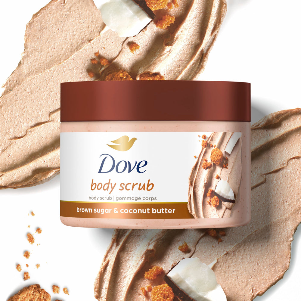 Creamy swirl of the Dove scrub on skin demonstrating even application.