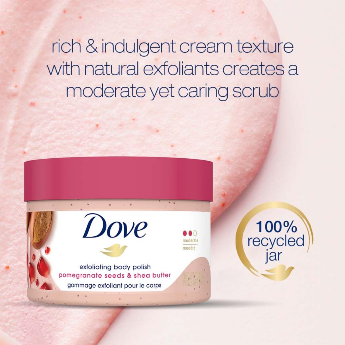 Dove Scrub Pomegranate & Shea Butter releases fruity pomegranate fragrance.