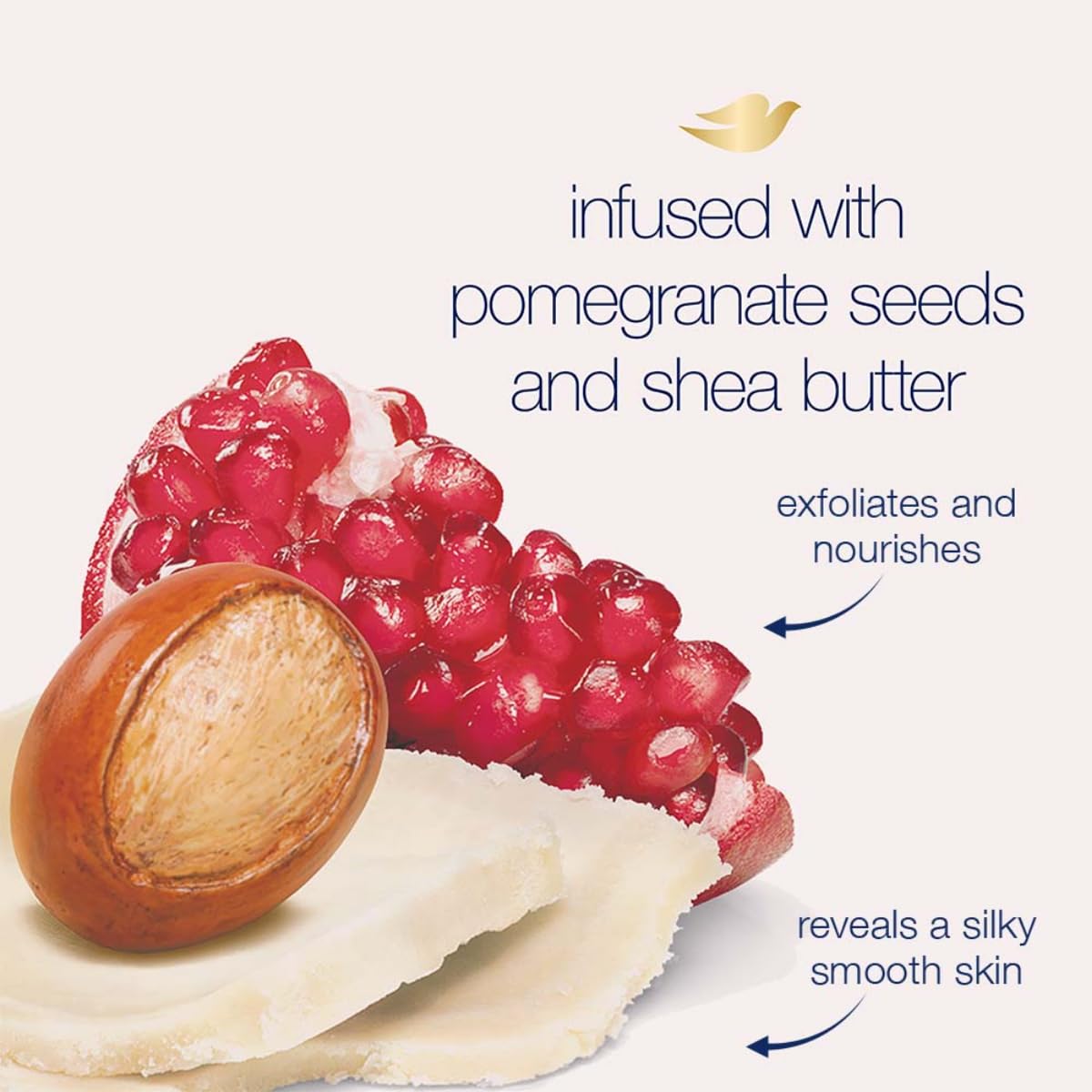 Dove Scrub Pomegranate & Shea Butter massaged in shower for even coverage.