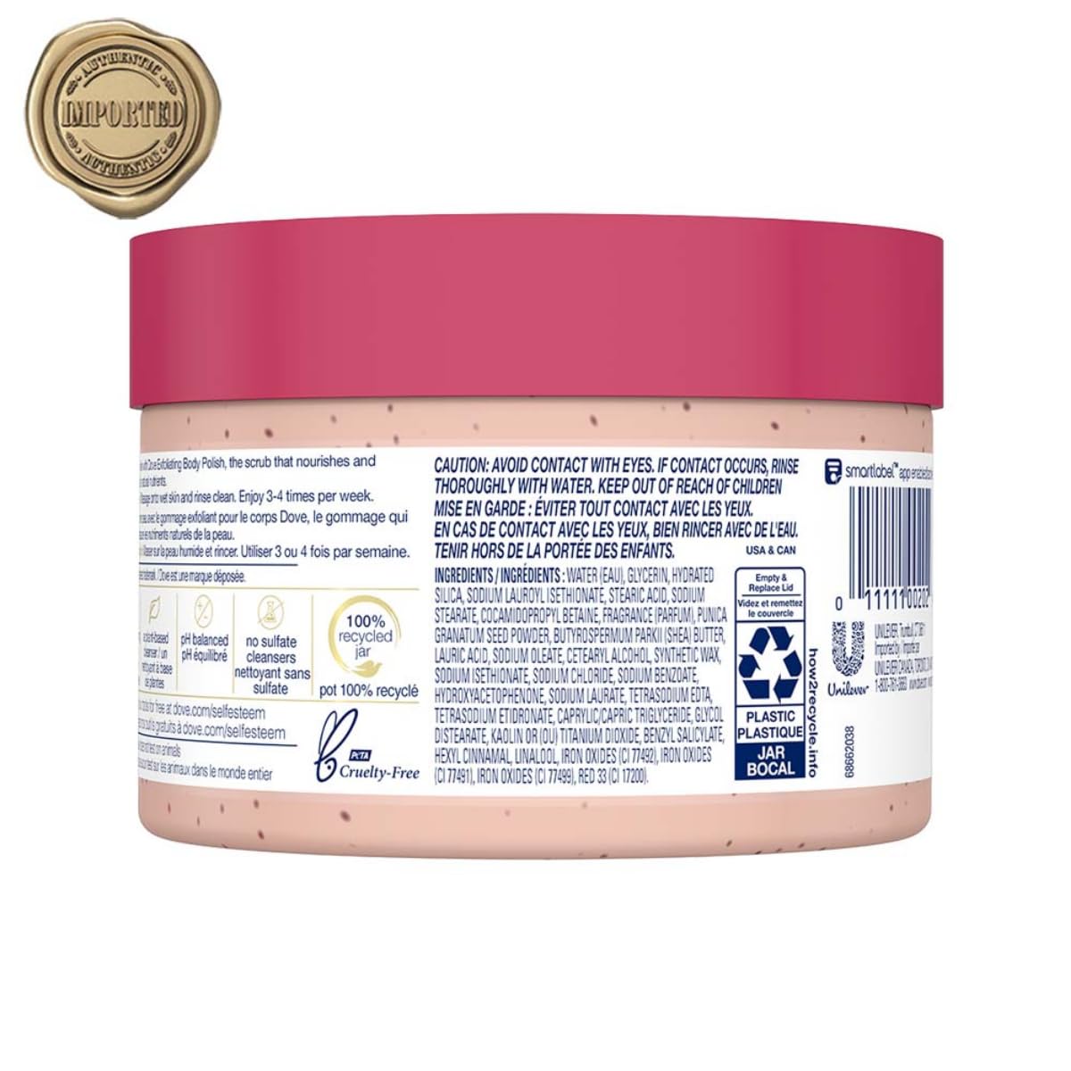 Dove Scrub Pomegranate & Shea Butter after-use glow indicates radiant skin.
