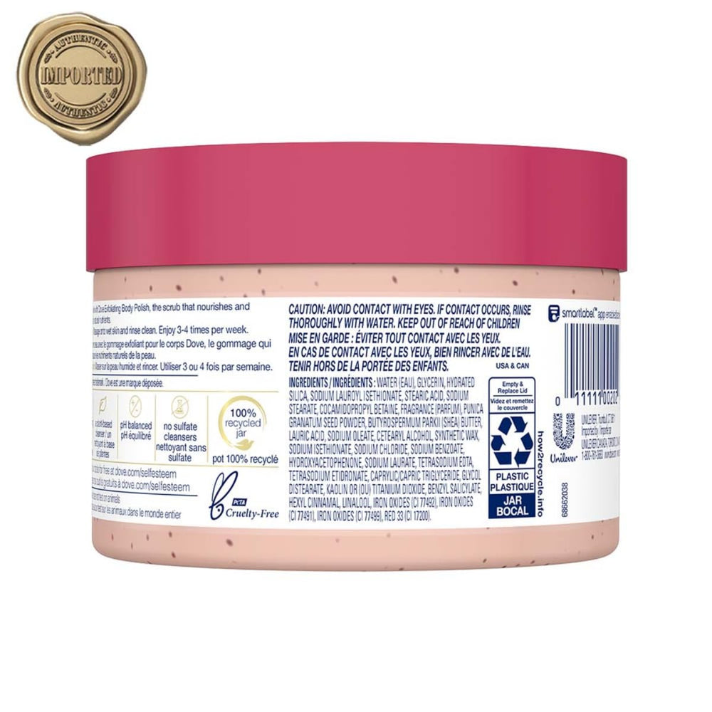Dove Scrub Pomegranate & Shea Butter after-use glow indicates radiant skin.