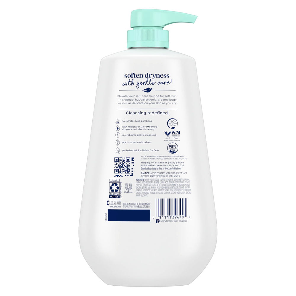 Dove Sensitive Skin Body Wash cream-lather close-up highlights micro-moisture hydration.