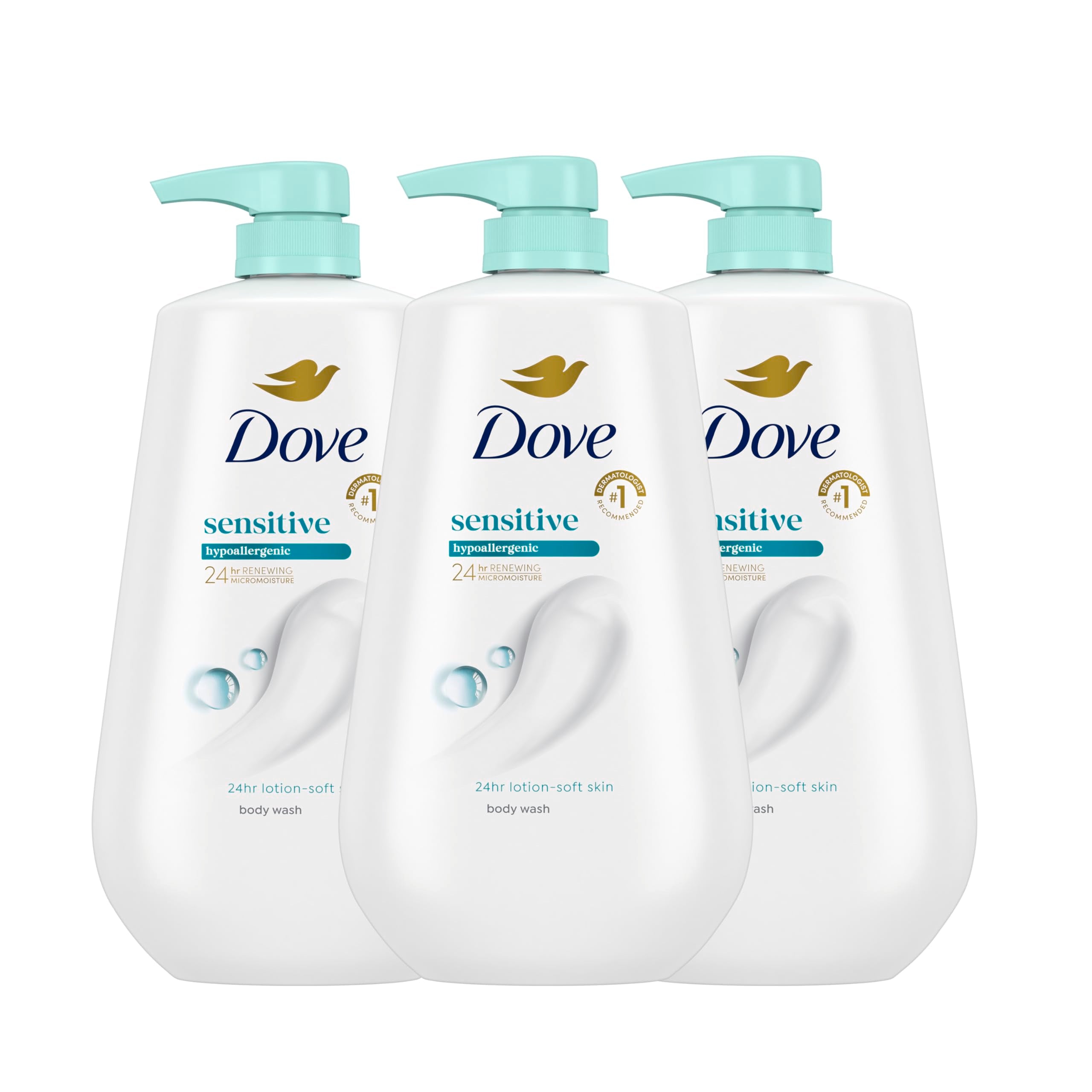 Dove Sensitive Skin Body Wash pack shot shows a 3-pack for consistent daily cleansing.