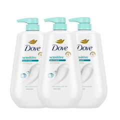Dove Sensitive Skin Body Wash pack shot shows a 3-pack for consistent daily cleansing.