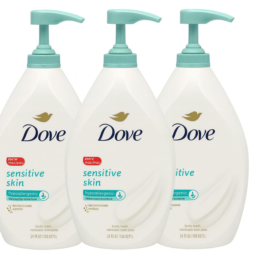Dove Sensitive Skin Body Wash pump bottle demonstrates gentle cleansing for soft, hydrated skin.