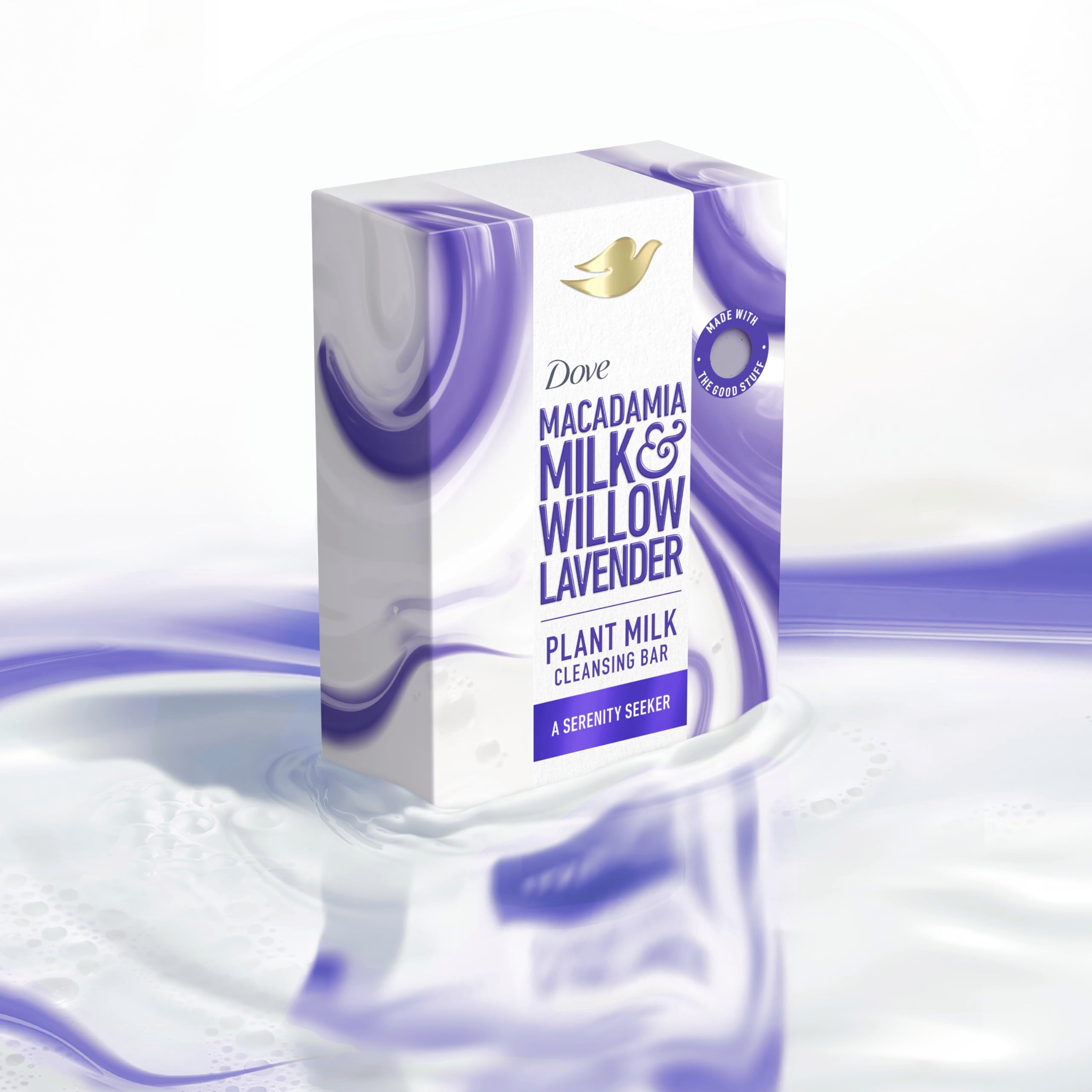 Dove Serenity Seeker biodegradable formula icon highlights eco-friendly cleansing.