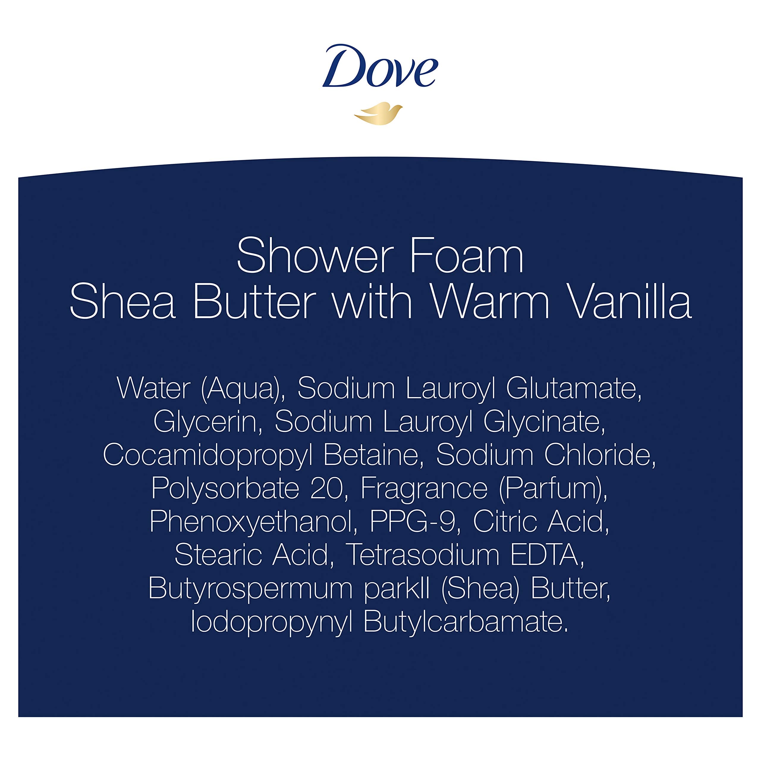 Dove Shower Foam Shea Butter cream-foam highlights rich, skin-softening texture.