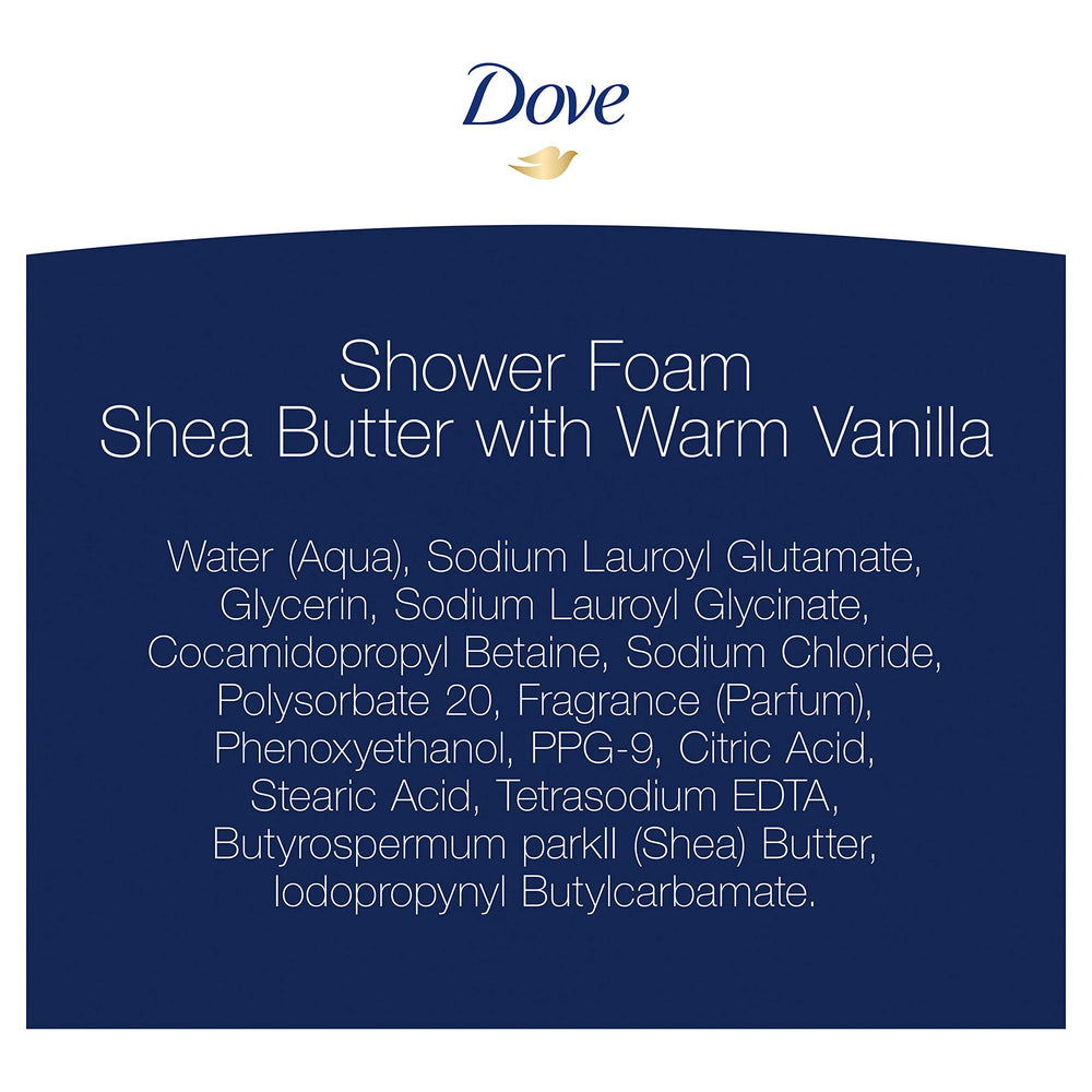 Dove Shower Foam Shea Butter cream-foam highlights rich, skin-softening texture.