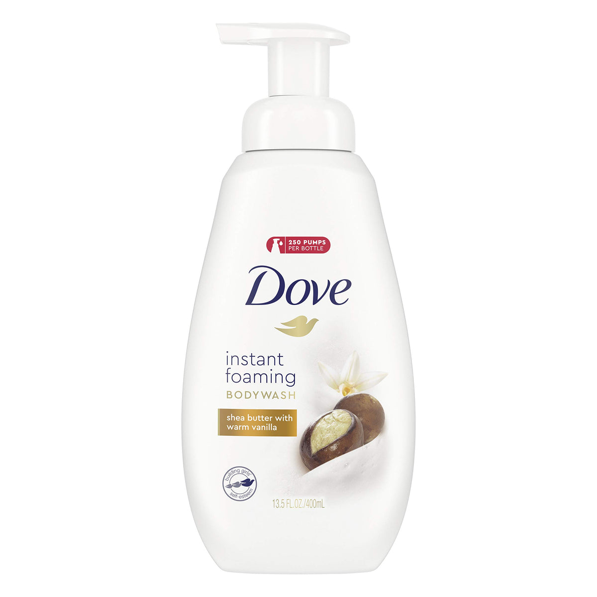 Dove Shower Foam Shea Butter with Warm Vanilla bottle offers rich, nourishing lather.