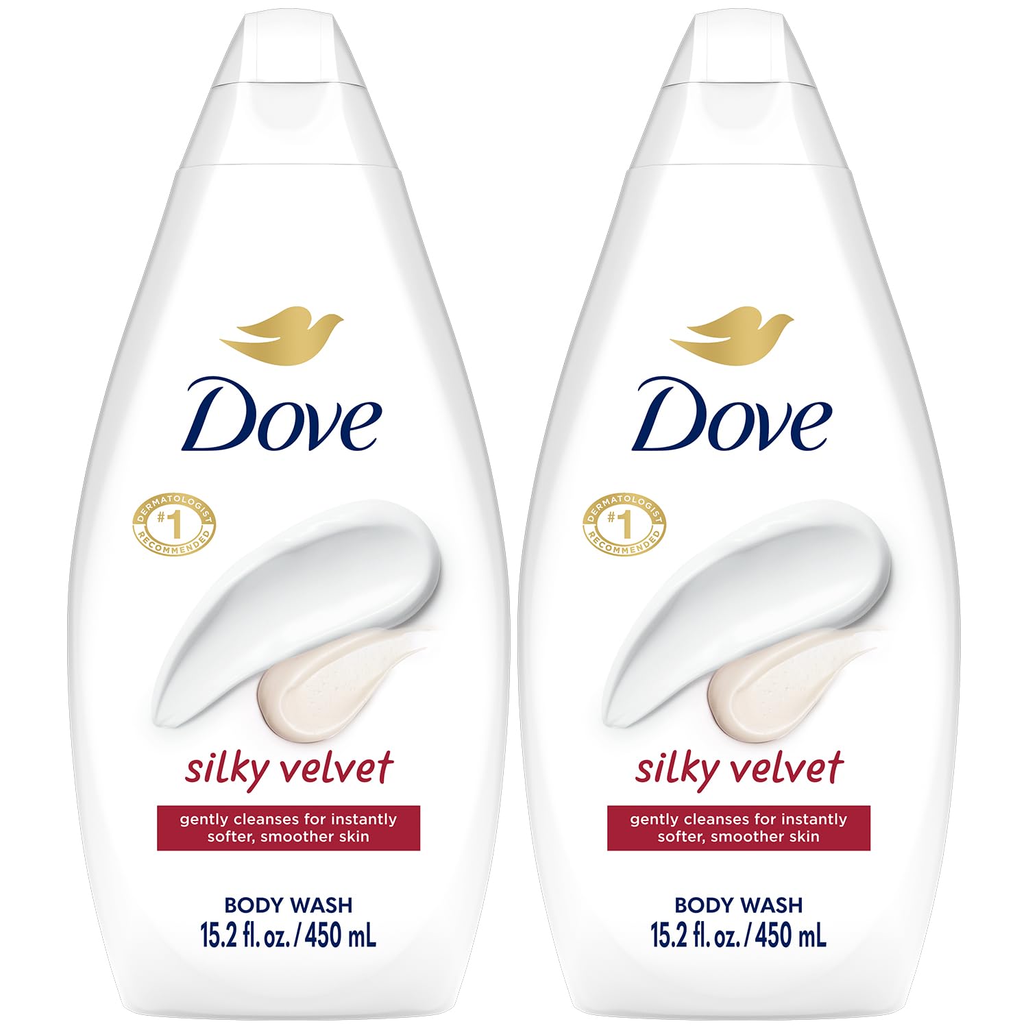 Dove Silky Velvet Body Wash bottle pour demonstrates creamy hydration for skin.