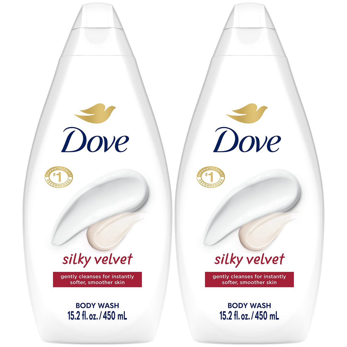 Dove Silky Velvet Body Wash bottle pour demonstrates creamy hydration for skin.