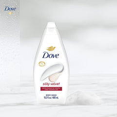 Dove Silky Velvet Body Wash lather closeup showing rich, moisturizing foam.