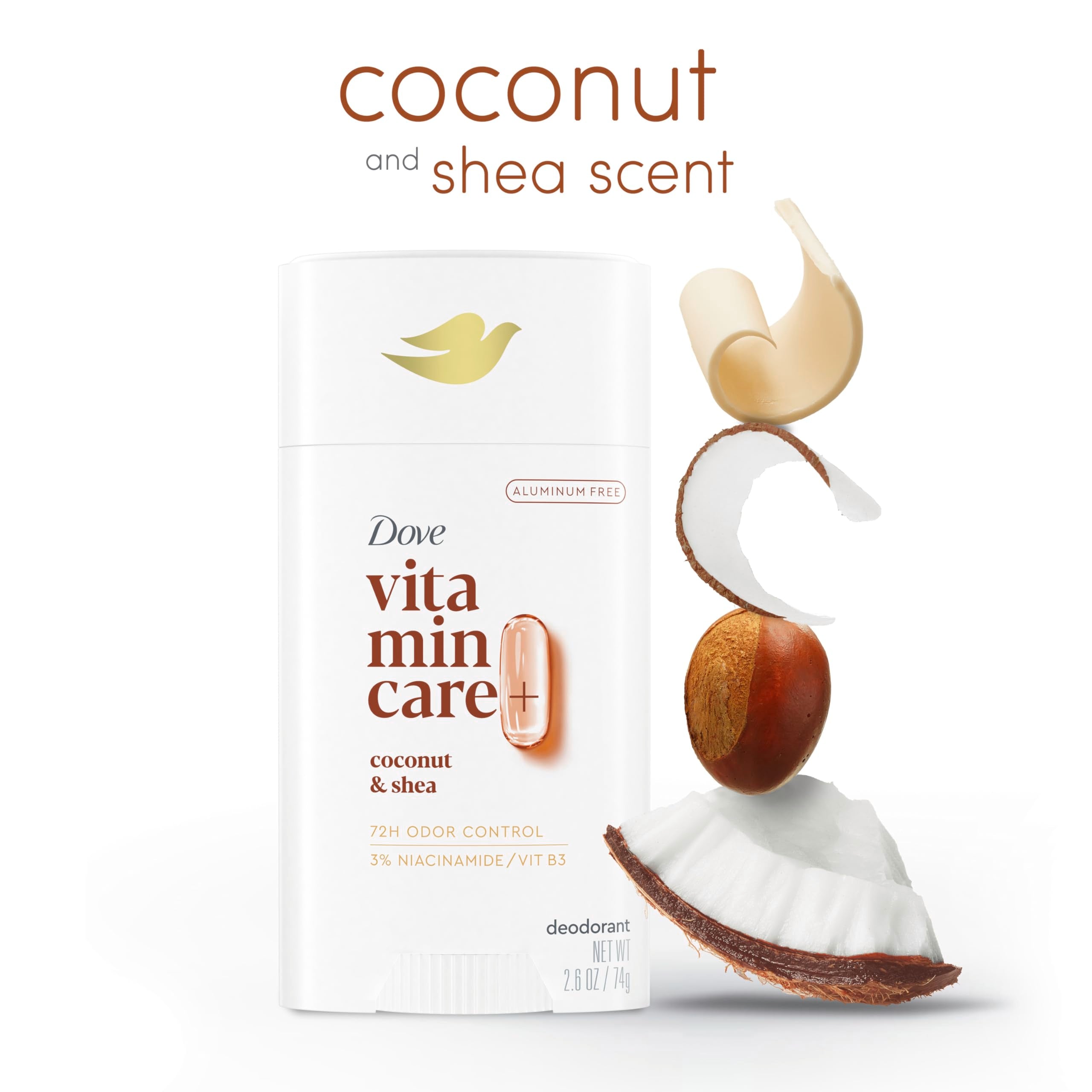 Dove VitaminCare+ 72-hour odor protection highlighted by the aluminum-free design