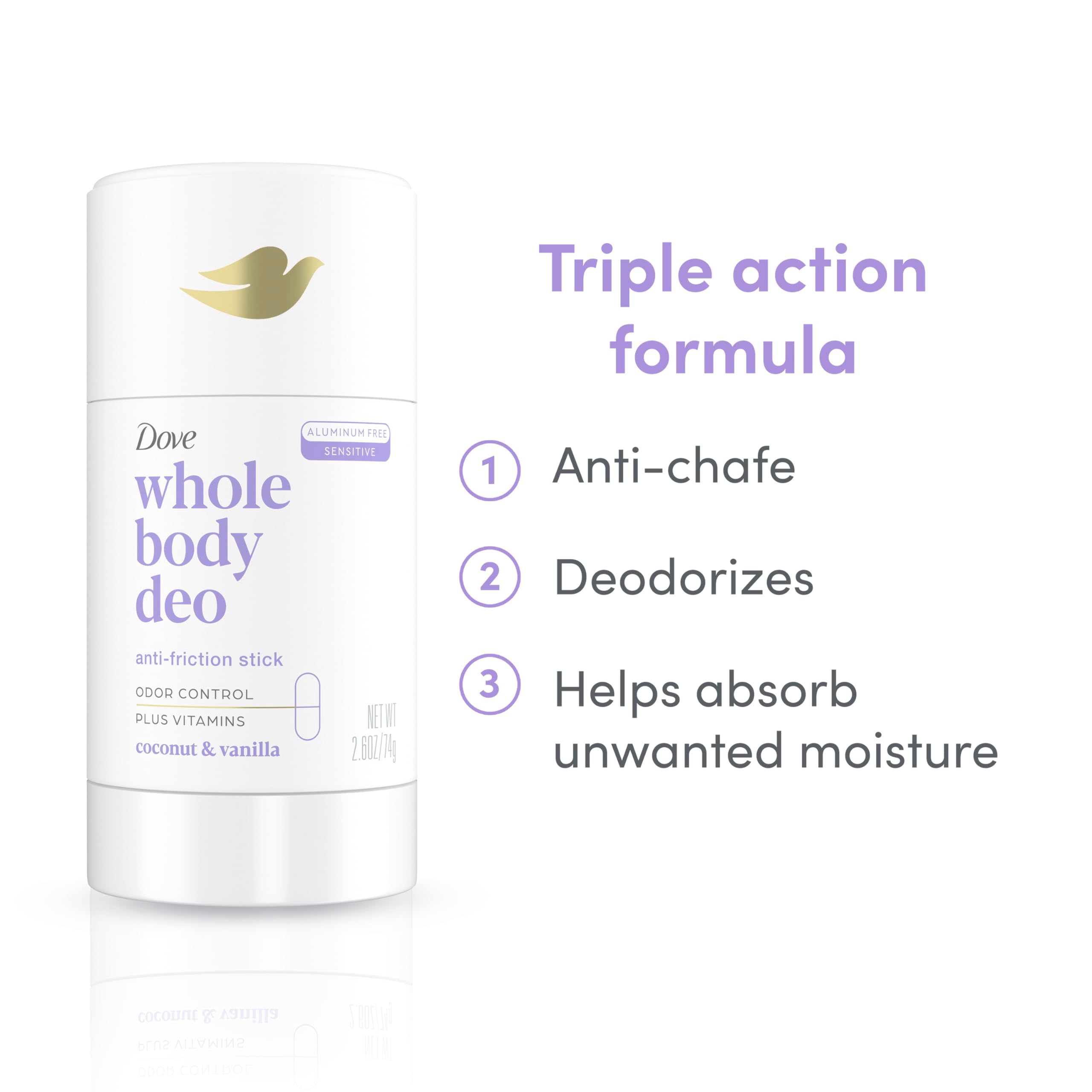 Dove Whole Body Deo coconut-vanilla stick closeup emphasizes tropical coconut-vanilla scent.