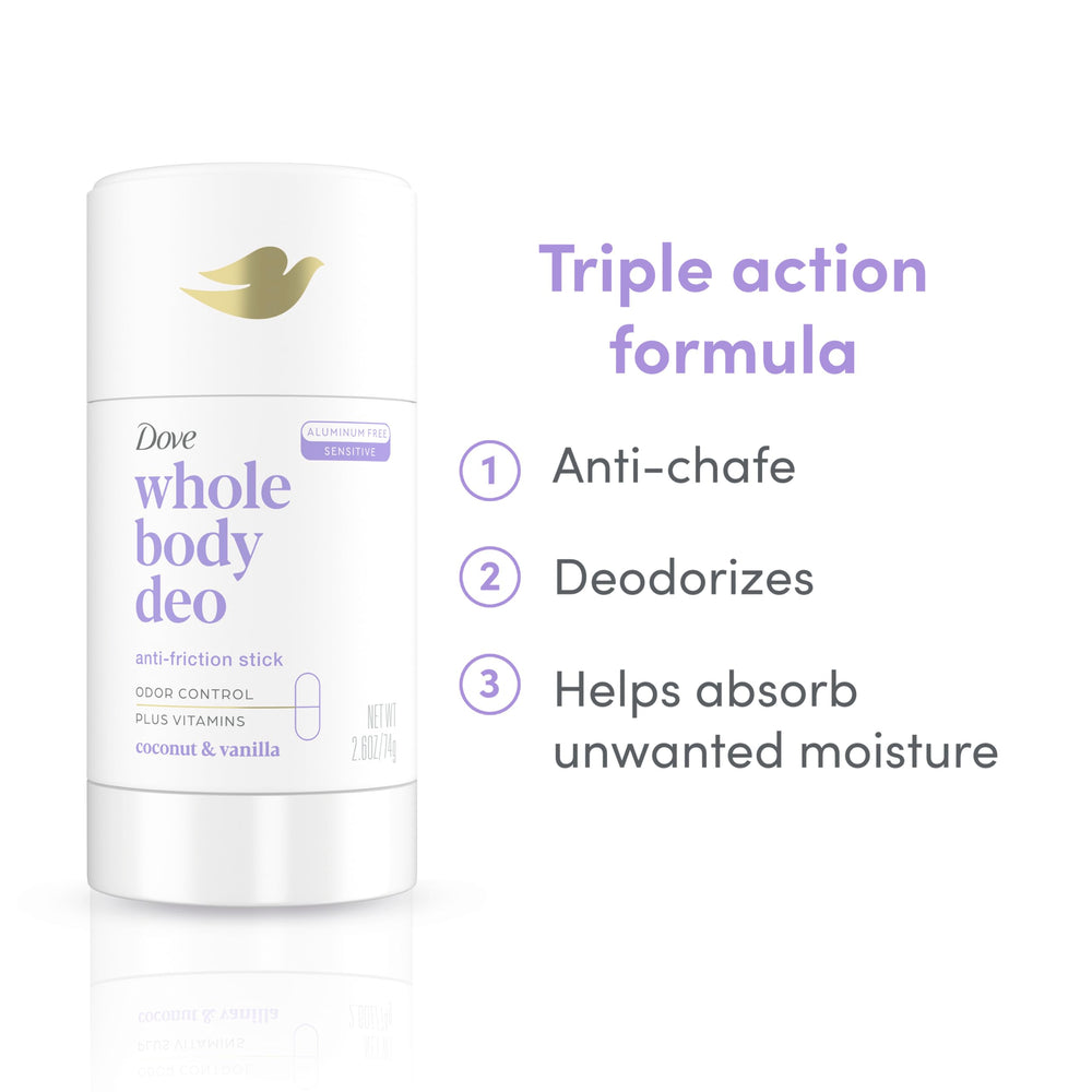 Dove Whole Body Deo coconut-vanilla stick closeup emphasizes tropical coconut-vanilla scent.
