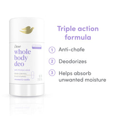 Dove Whole Body Deo coconut-vanilla stick closeup emphasizes tropical coconut-vanilla scent.