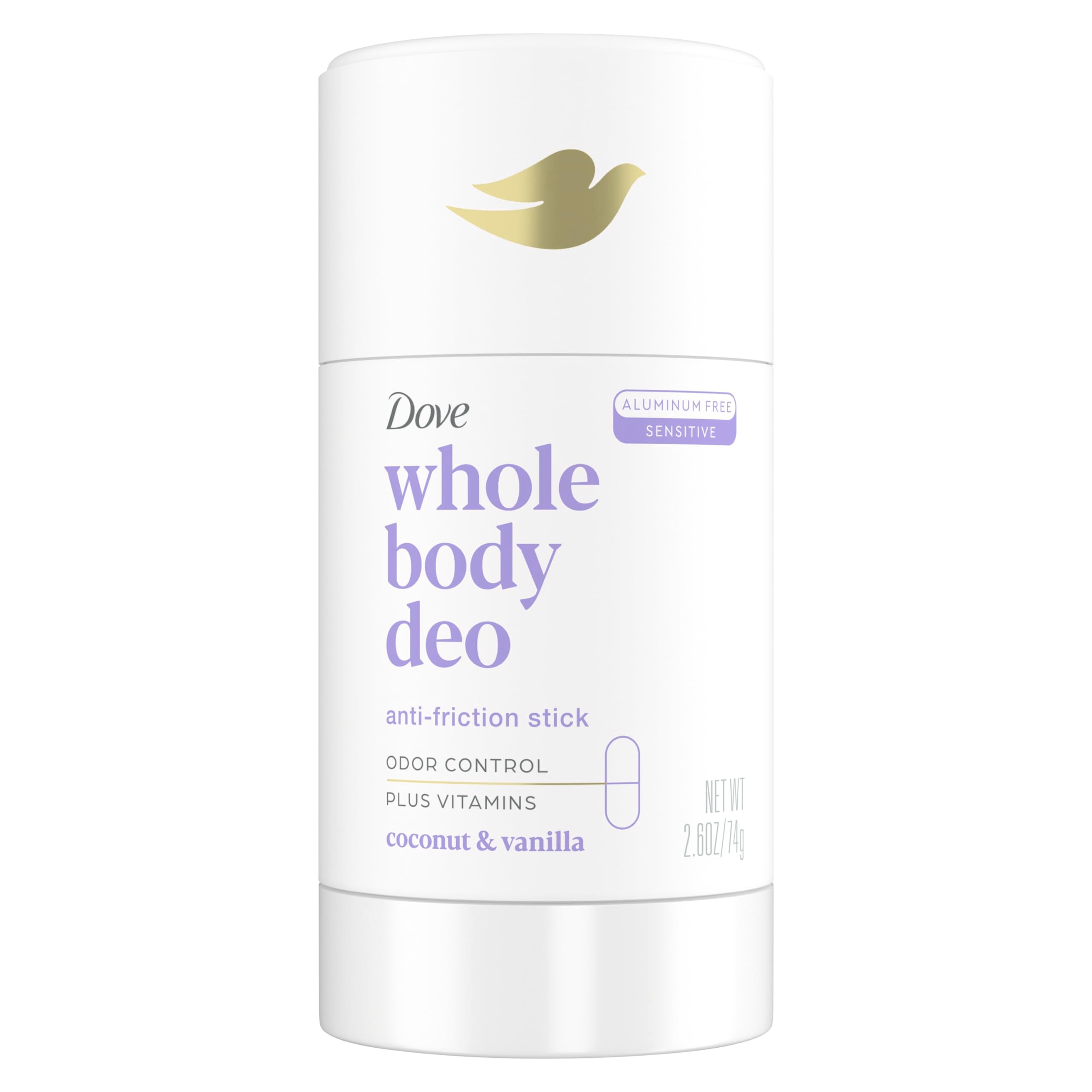 Dove Whole Body Deo coconut-vanilla stick front view shows long-lasting freshness without aluminum.