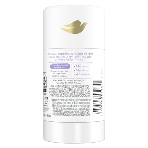 Dove Whole Body Deo coconut-vanilla stick rolled demonstrates smooth glide for friction-prone areas.