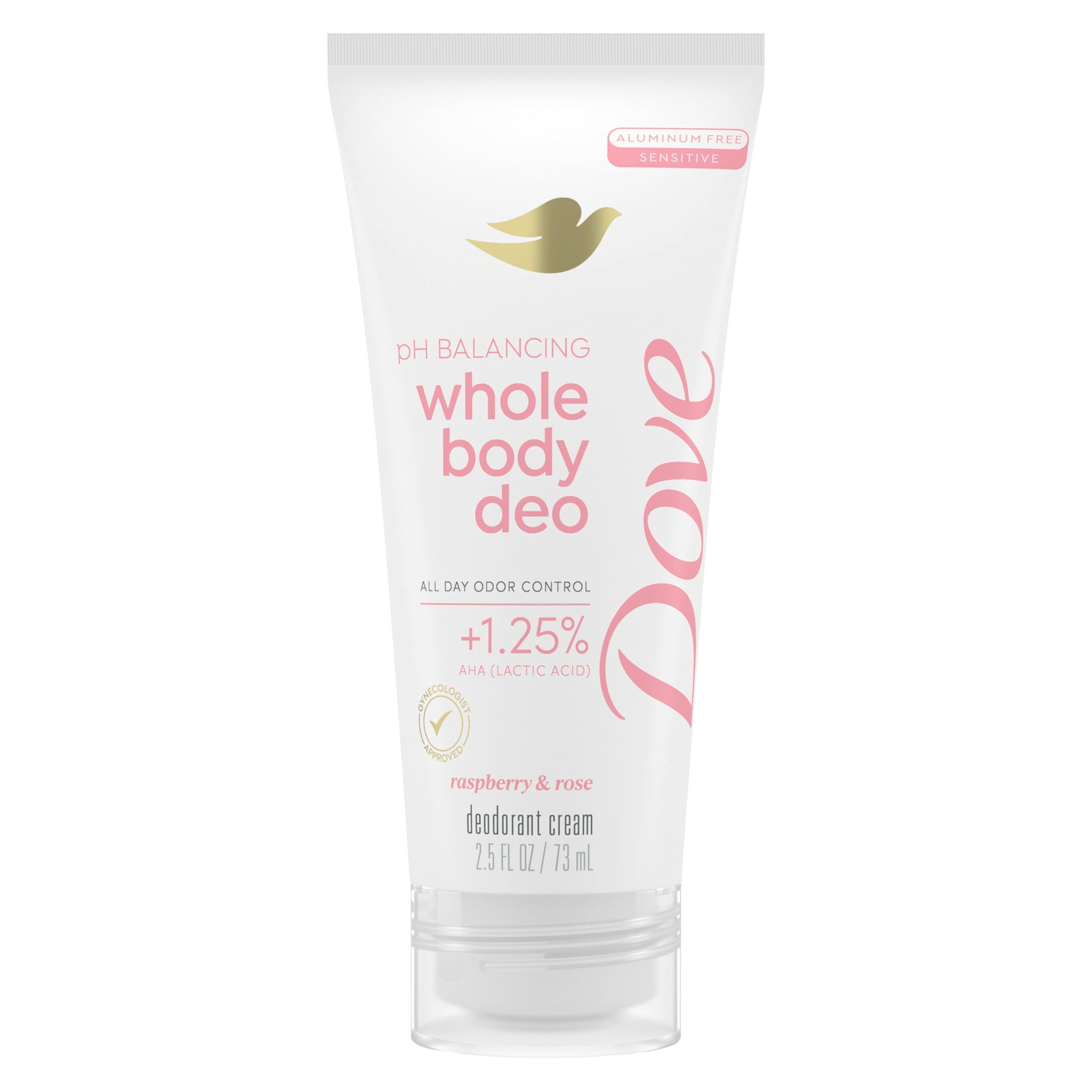 Dove Whole Body Deodorant Cream Raspberry Rose tube for all-day freshness.