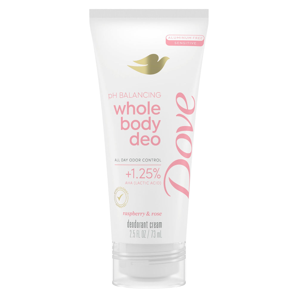 Dove Whole Body Deodorant Cream Raspberry Rose tube for all-day freshness.