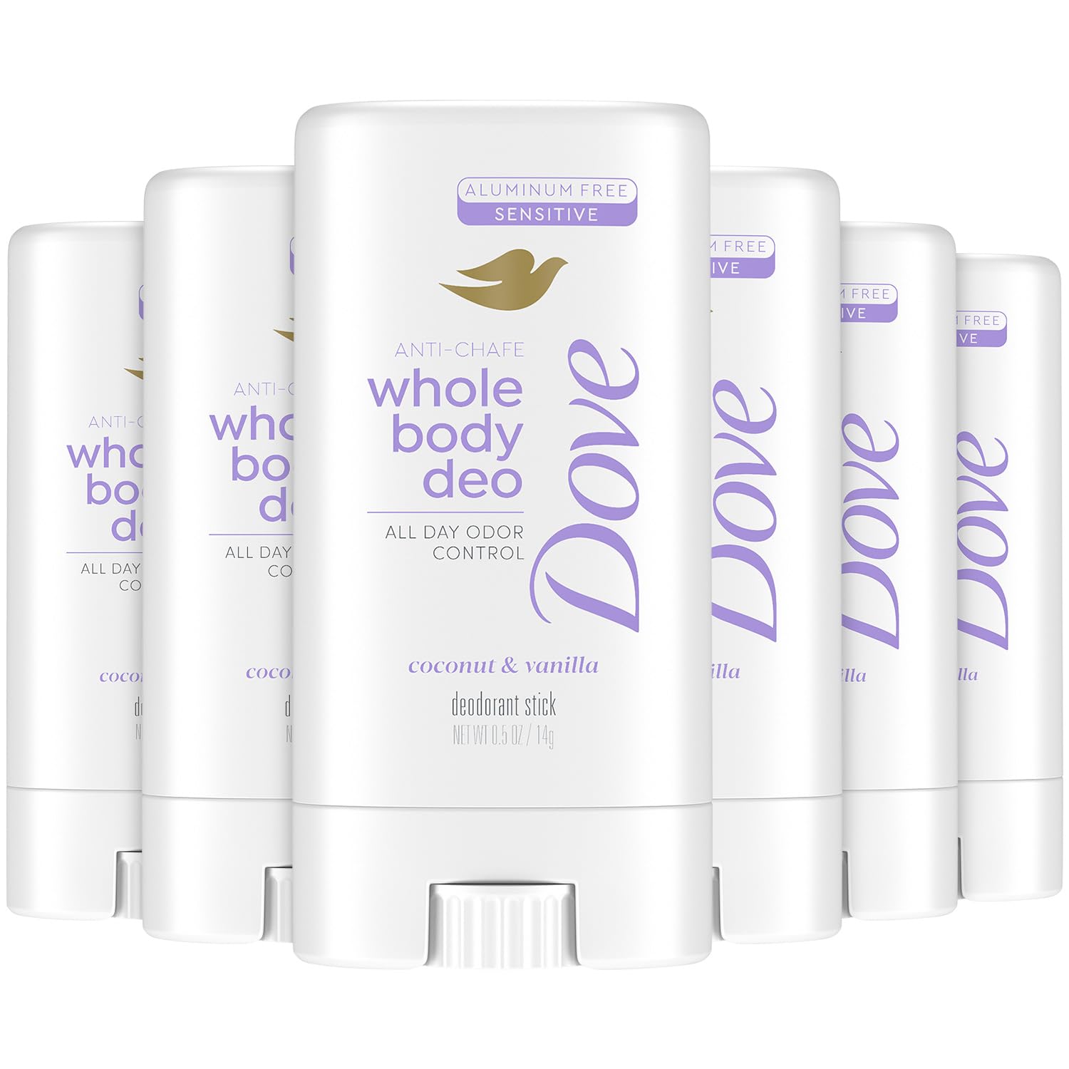 Dove whole body deodorant travel-pack front showing compact anti-chafe protection on the go