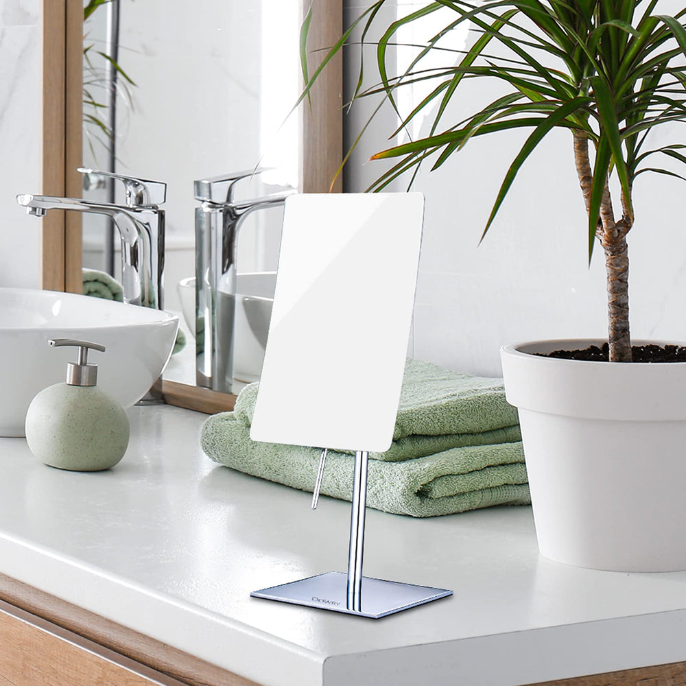 DOWRY 5X mirror angled view showing compact vanity setup for small spaces