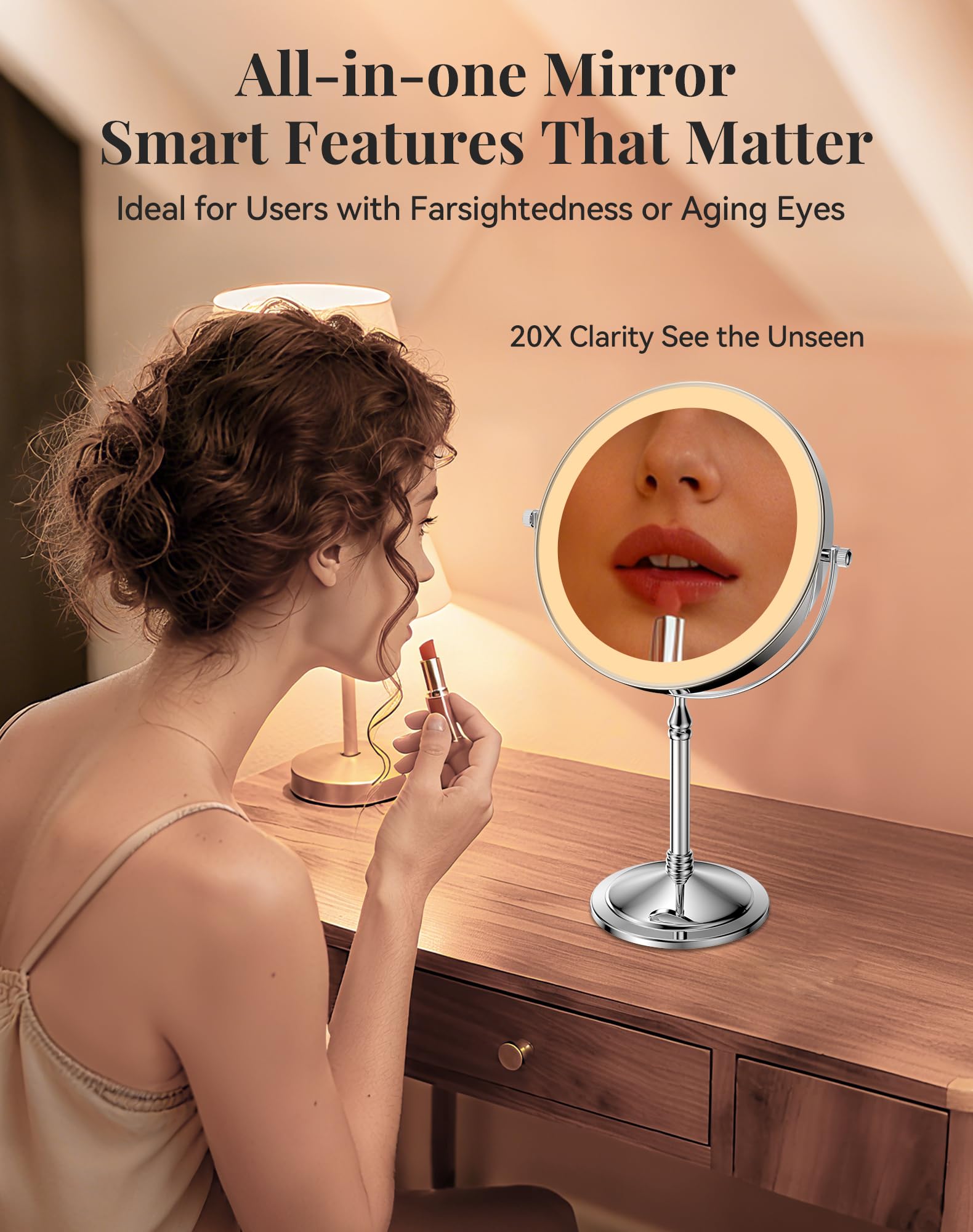 DOWRY chrome finish vanity mirror adds modern style and portable convenience