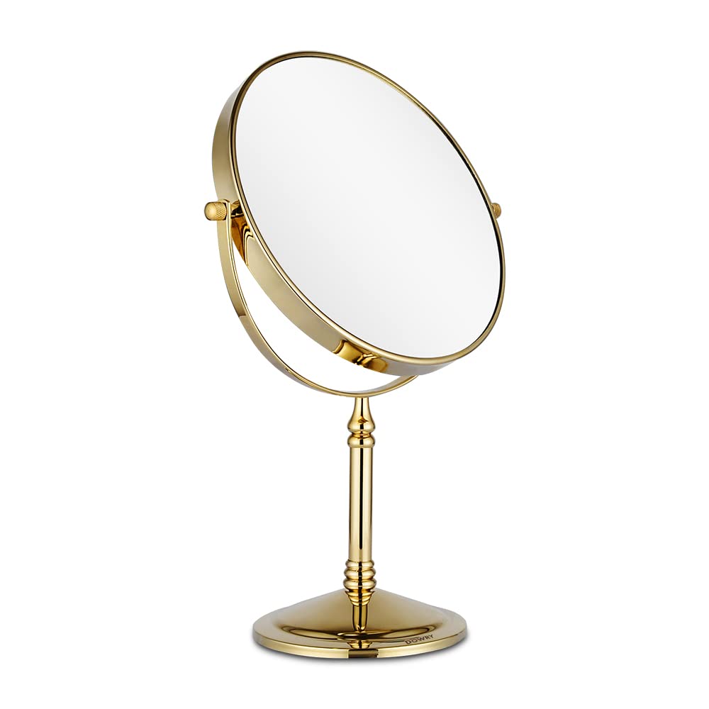 DOWRY makeup mirror 10x front view in gold helps precise makeup application.