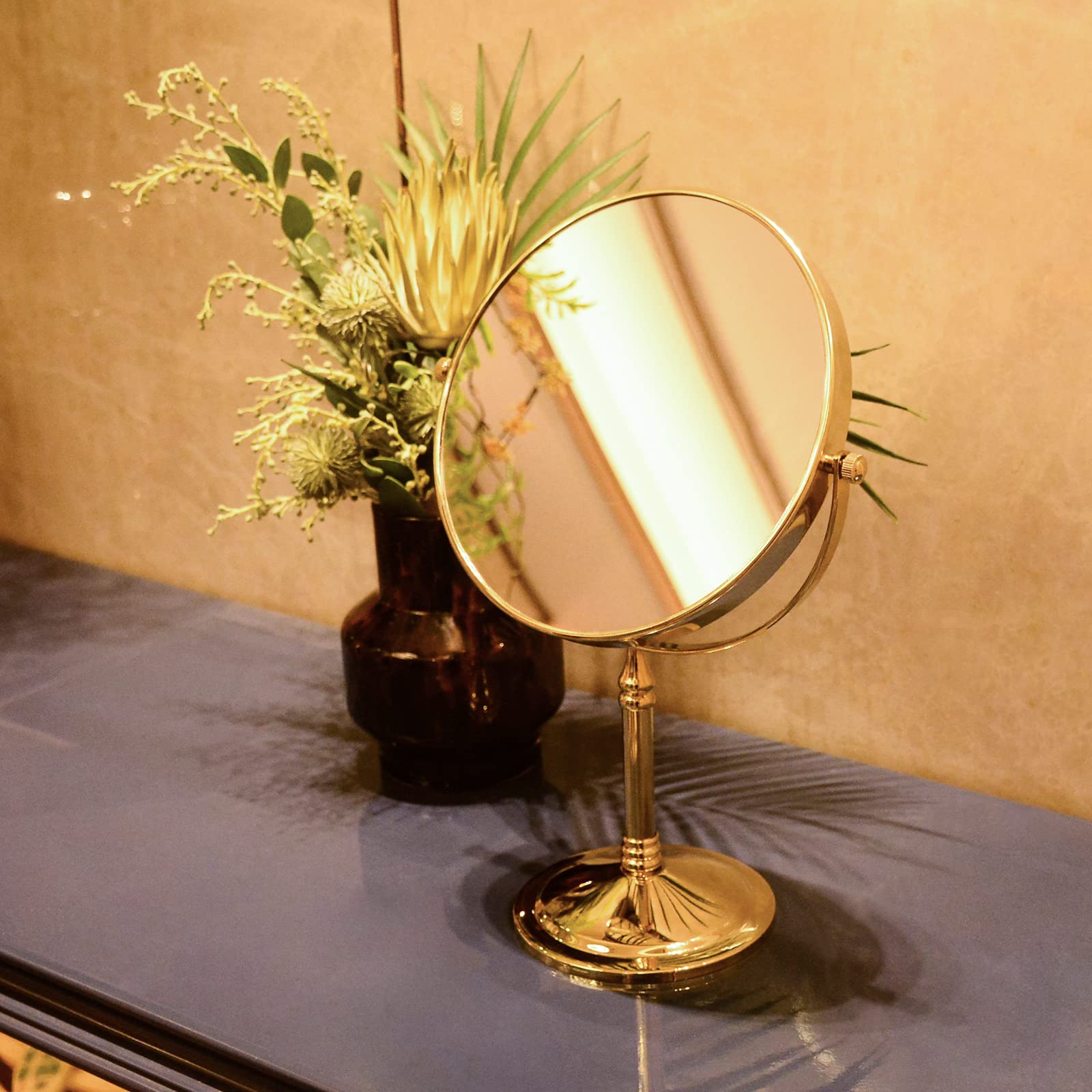 DOWRY makeup mirror 10x magnification closeup in gold for detailed eye work.