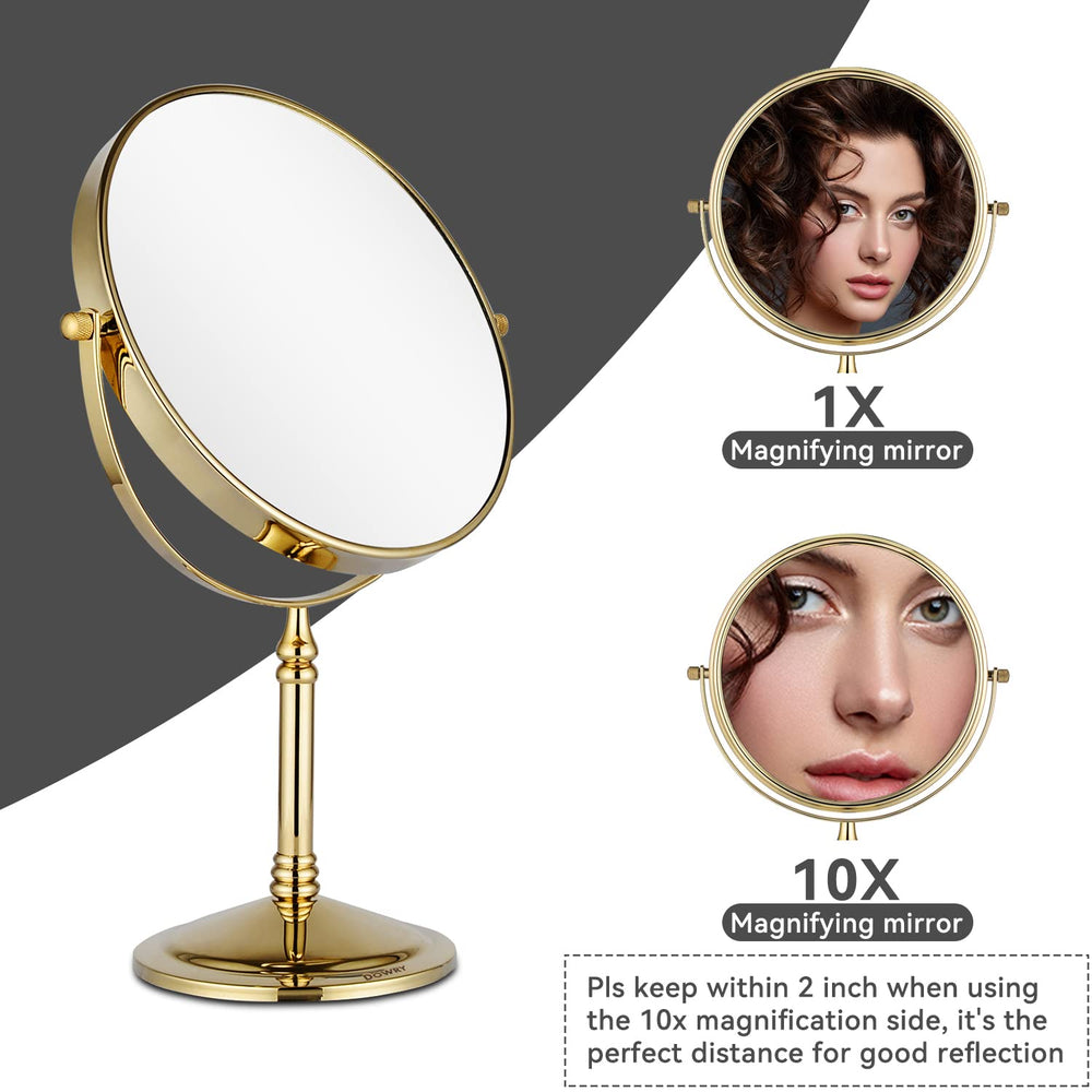 DOWRY makeup mirror brass and stainless closeup in gold highlights durability.