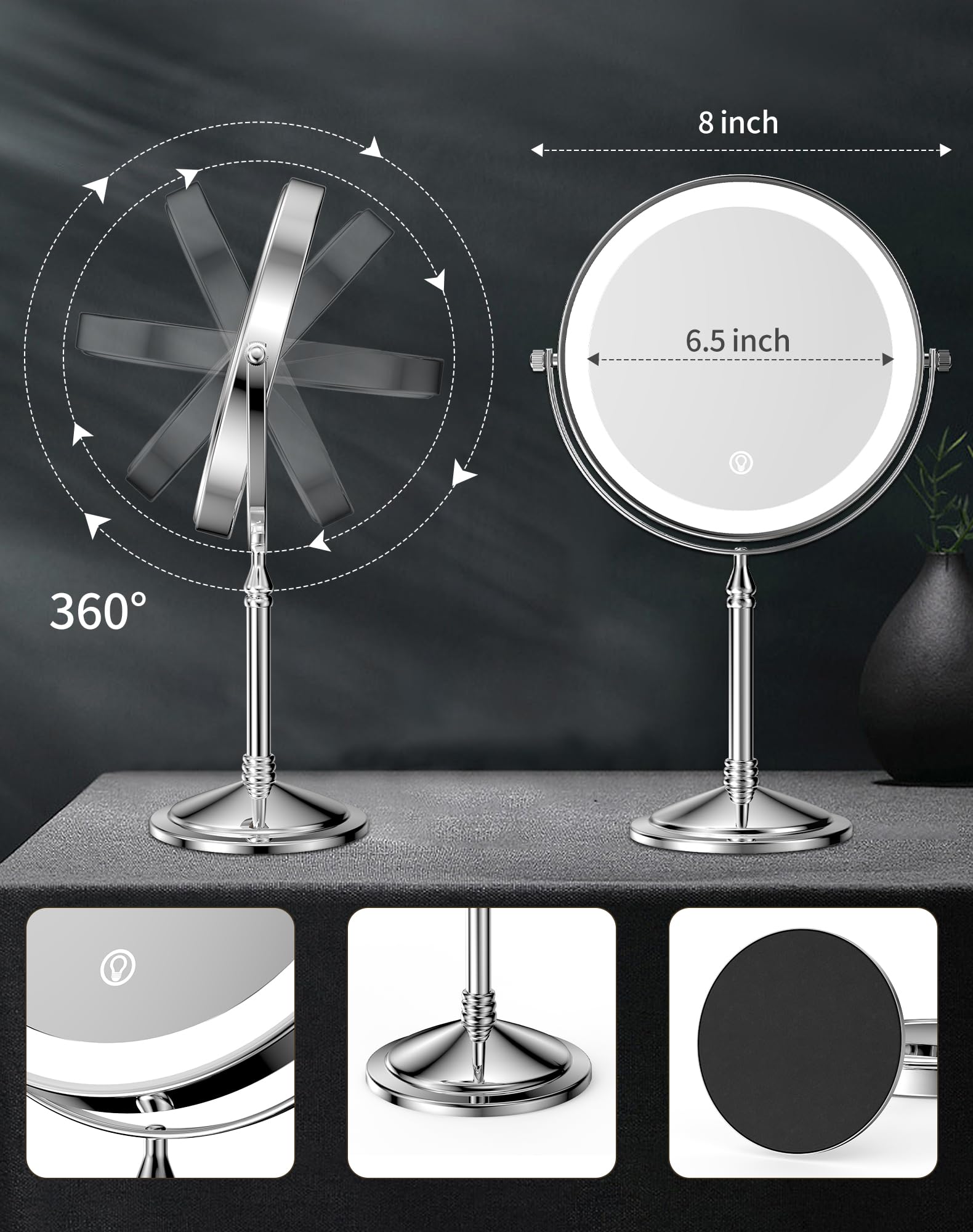 DOWRY two-sided swivel mirror base provides stable hands-free grooming