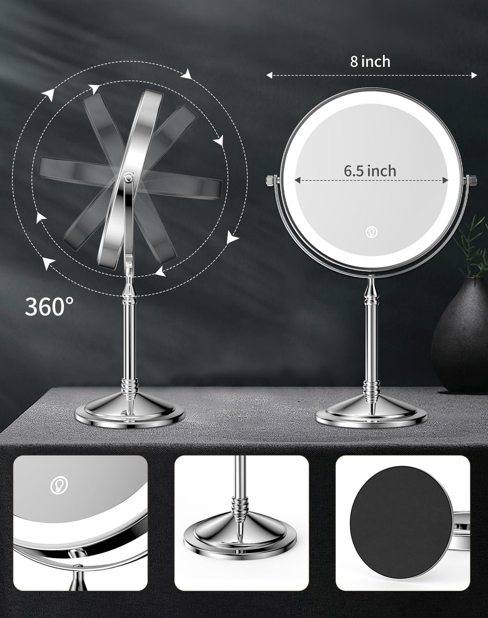 DOWRY two-sided swivel mirror base provides stable hands-free grooming