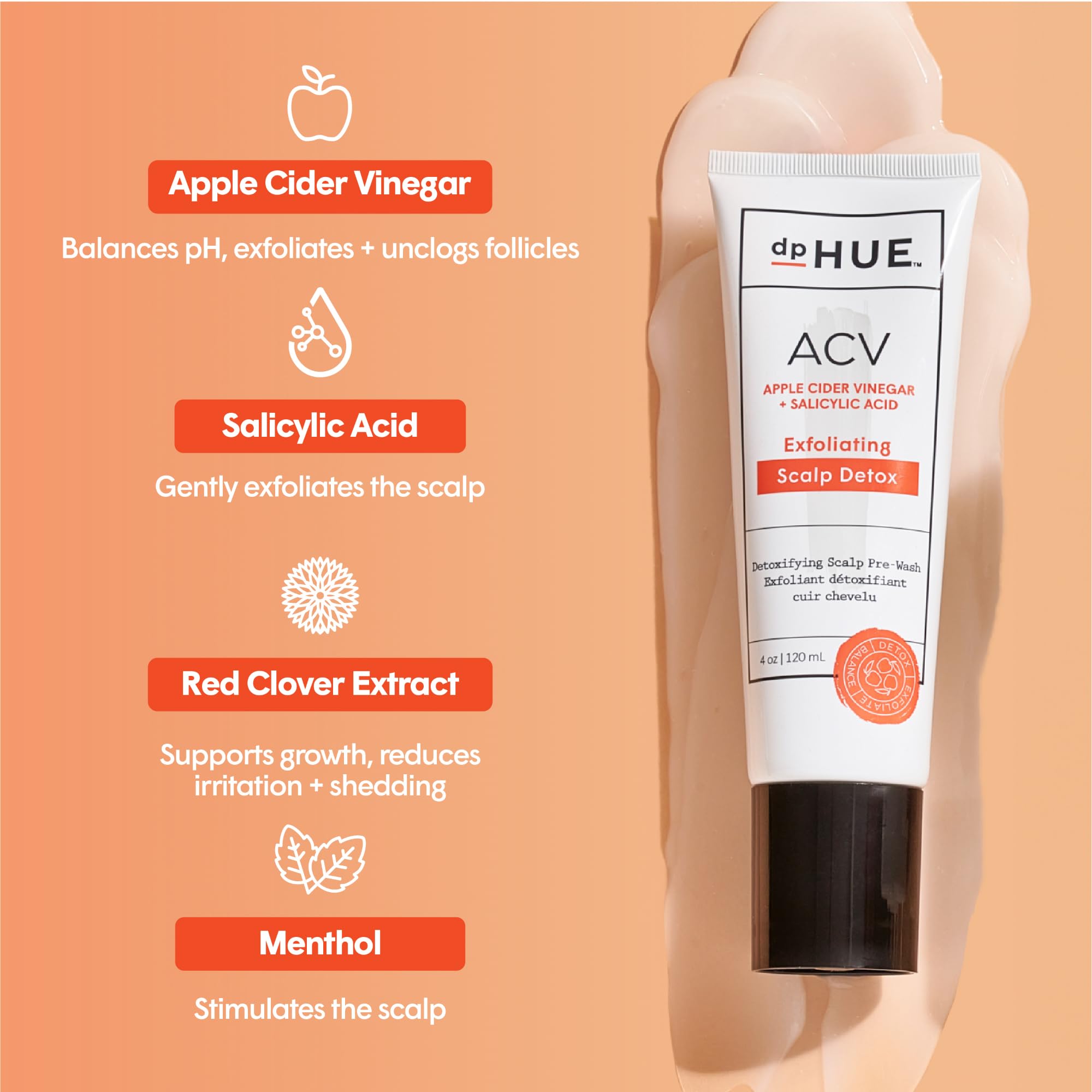 dpHUE ACV Exfoliating Scalp Detox being poured to illustrate pre-wash detox.