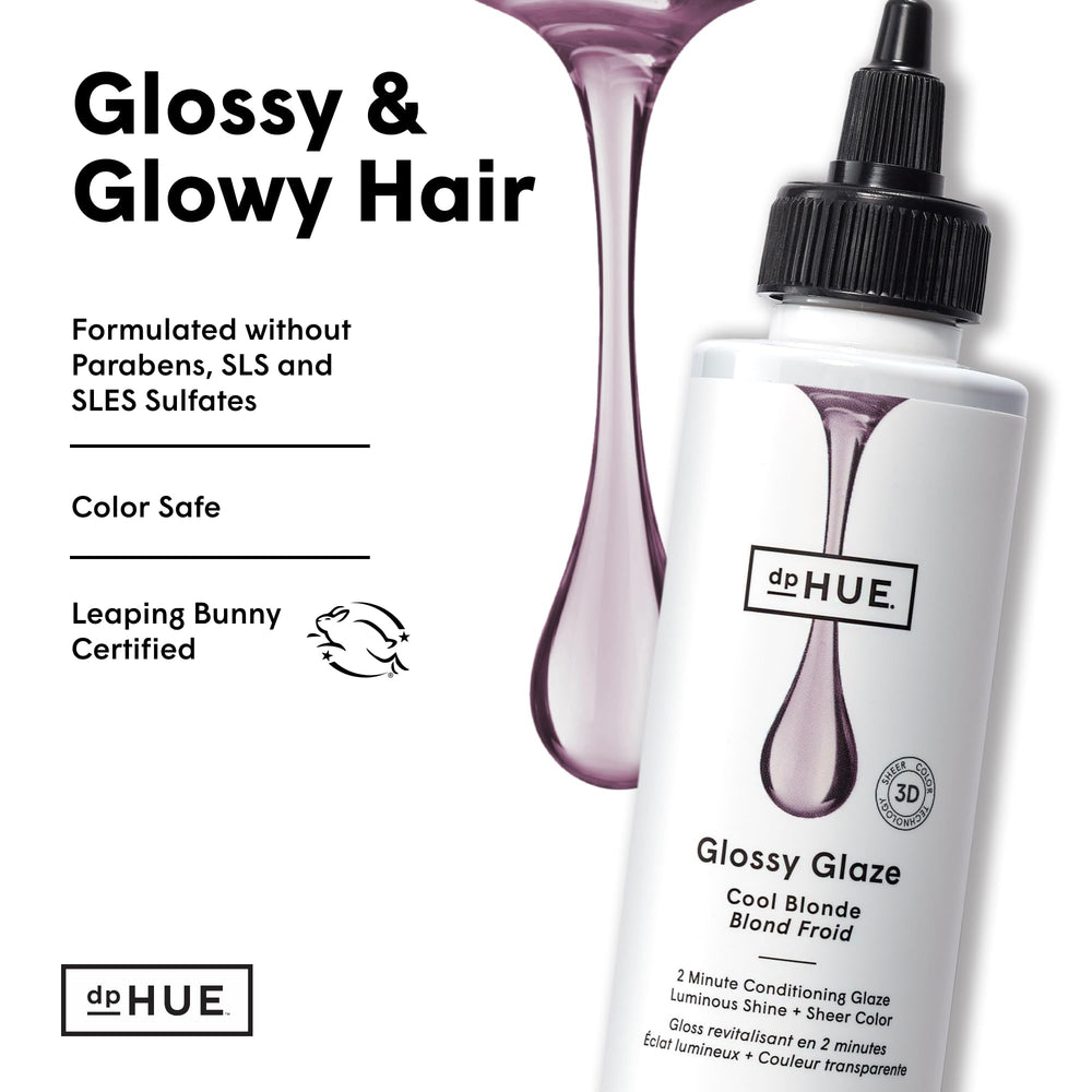 dpHUE Glossy Glaze after-use hair shows soft, frizz-free finish and luster.