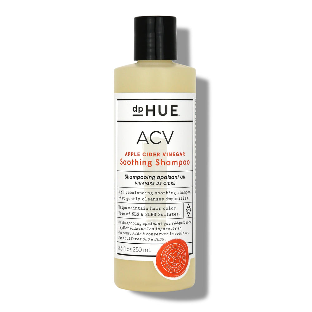 dpHUE ACV Soothing Shampoo bottle highlights color-safe formula for all hair colors and types