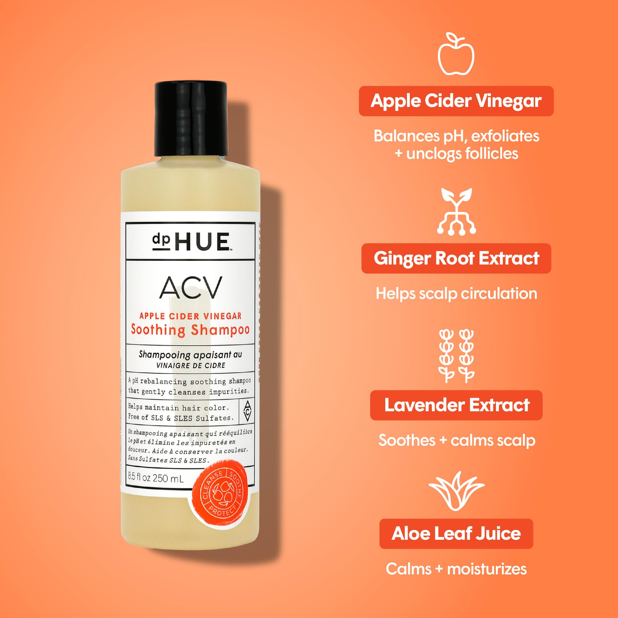 dpHUE ACV Soothing Shampoo label closeup shows apple cider vinegar blend for scalp cleansing
