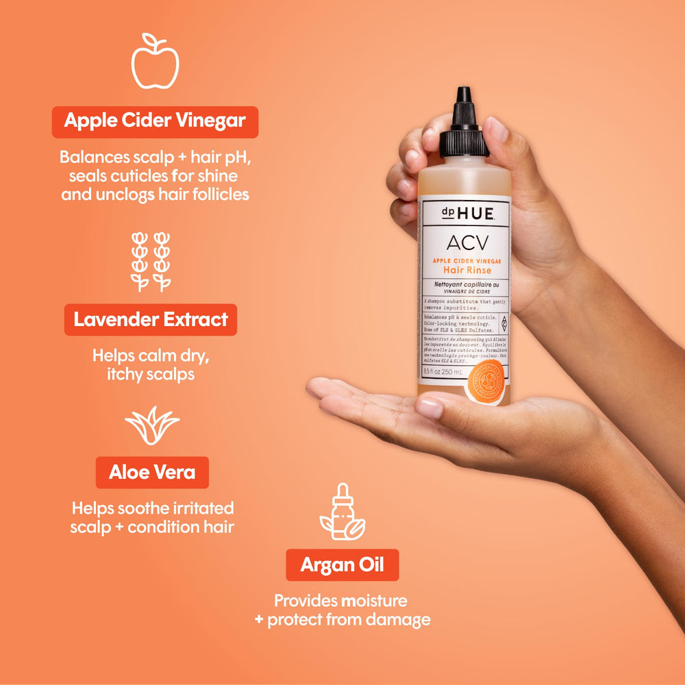 dpHUE ACV Hair Rinse swirl in hand demonstrates easy application and scent.