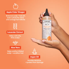 dpHUE ACV Hair Rinse swirl in hand demonstrates easy application and scent.